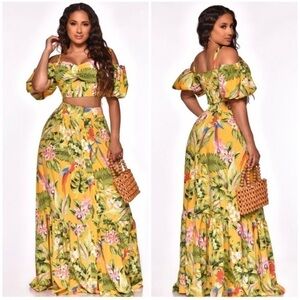 Luxxel Tropical Yellow Green Colorful Button Up Maxi Skirt Farm Rio Vibes Small